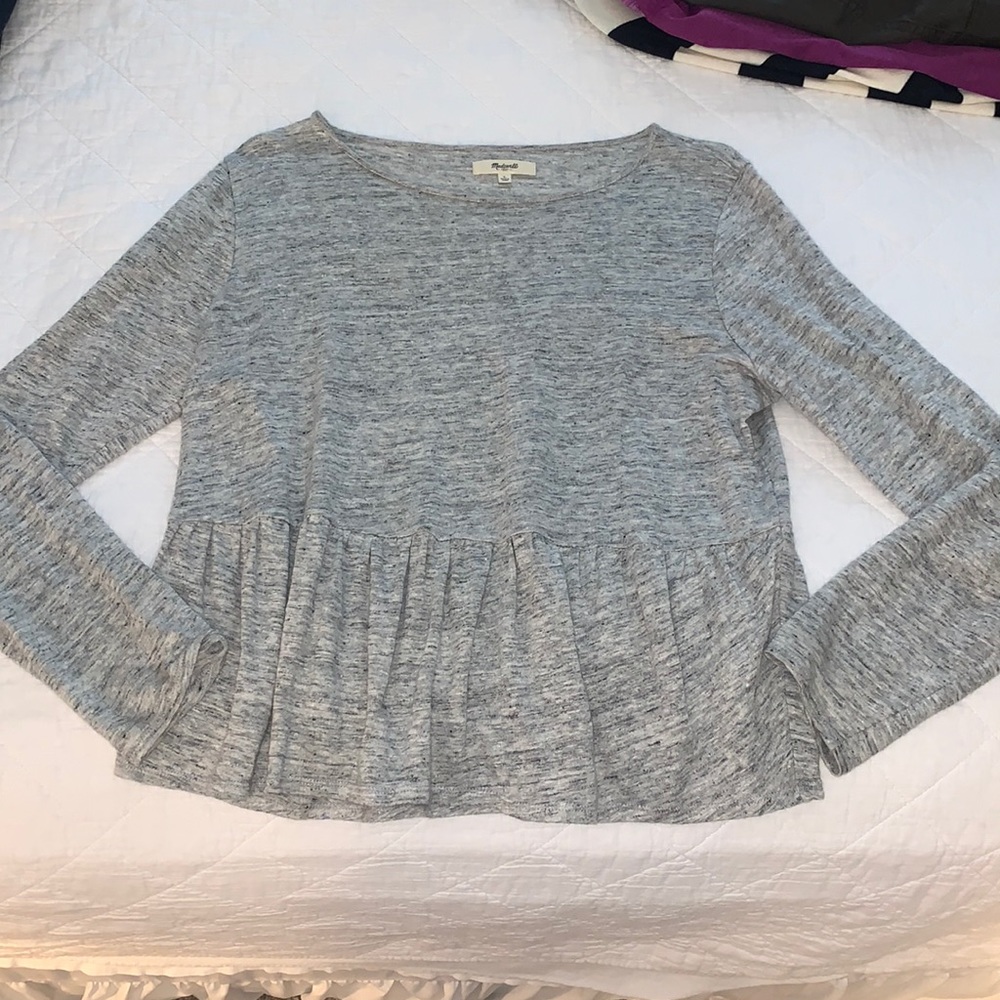 Madewell Gray Linen Peplum Long Sleeve top